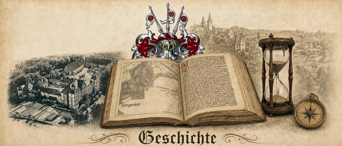 Aufgeschlagene Chronik mit einer Flurkarte von Eringerfeld, daneben Wappen, Sanduhr und Kompass vor einer alten Ortsansicht