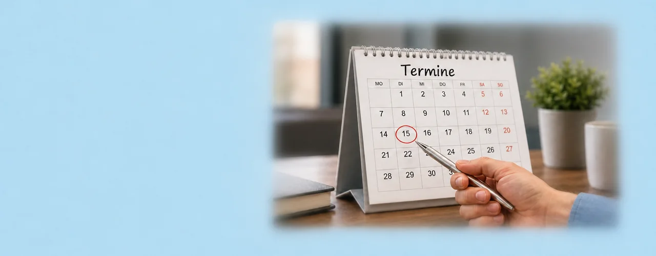 Ein Tischkalender, auf dem eine Hand mit einem Stift den 15. eines Monats einkreist