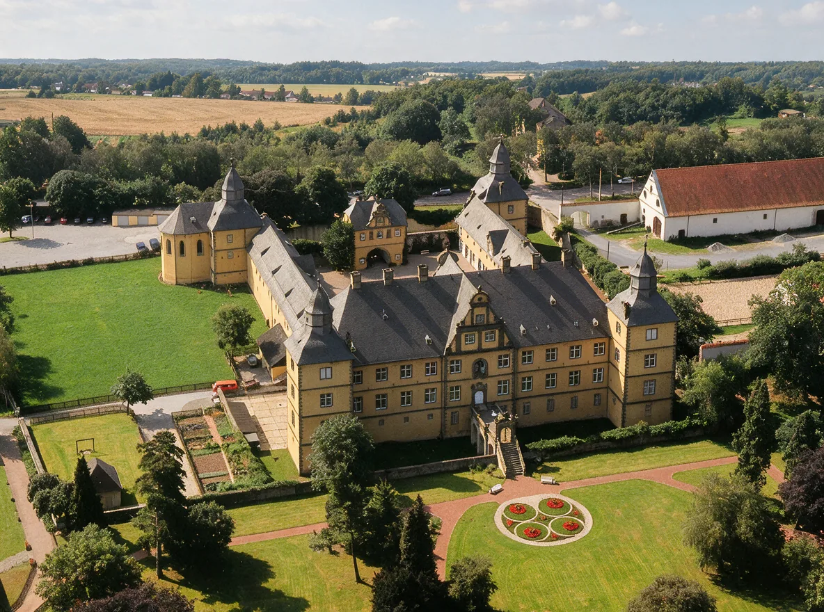 Luftbild von Schloss Eringerfeld mit dem Herrenhaus, den Seitenflügeln und dem Rondell im Innenhof
