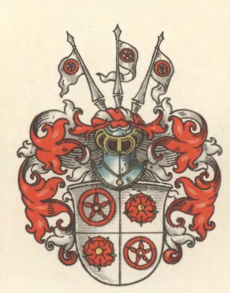 Wappen der Familie von Hörde: geviertes Schild mit roten Speichenrädern und Rosen, darüber drei Helme mit Fähnchen